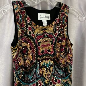 Joseph Ribkoff small body on dress blackk withh maroon green gold paisley design